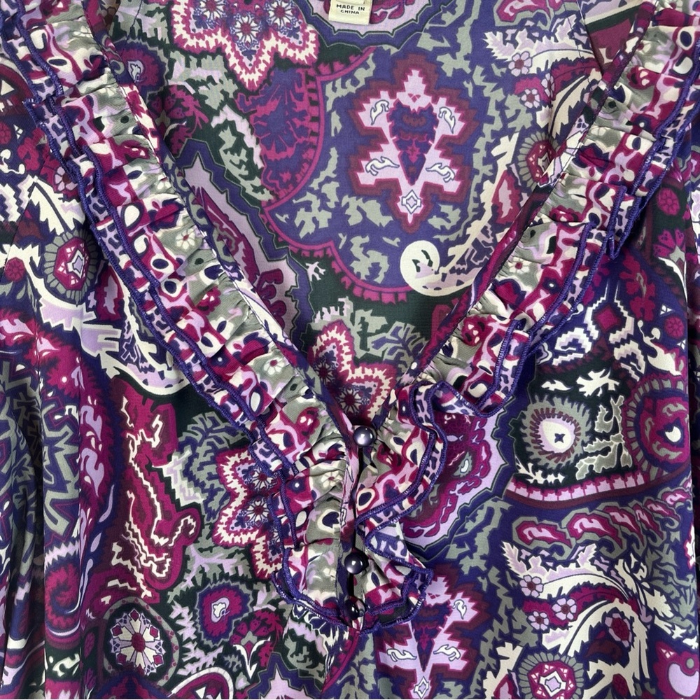 eci New York Multi Purple & Gray Blouse Elastic Waist Hem Ruffles Women’s Size 8 - Picture 3 of 14